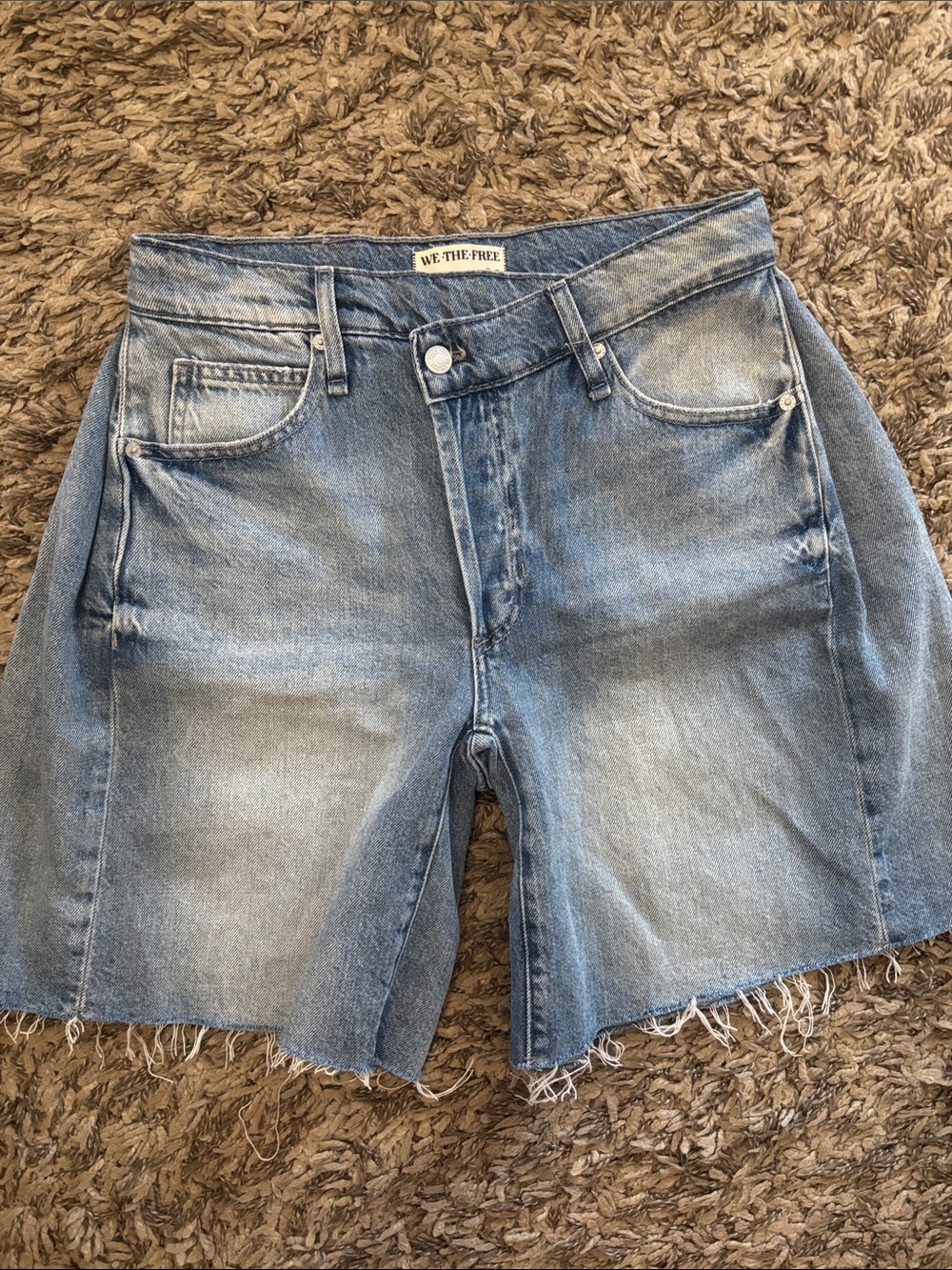 We The Free Boomerang High Rise Long Short Light Wash Frayed Denim Cutoff Shorts